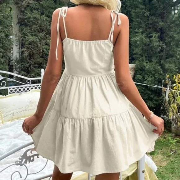 beige Ruffle Hem Lace Trim Cami Dress - Picture 5 of 5